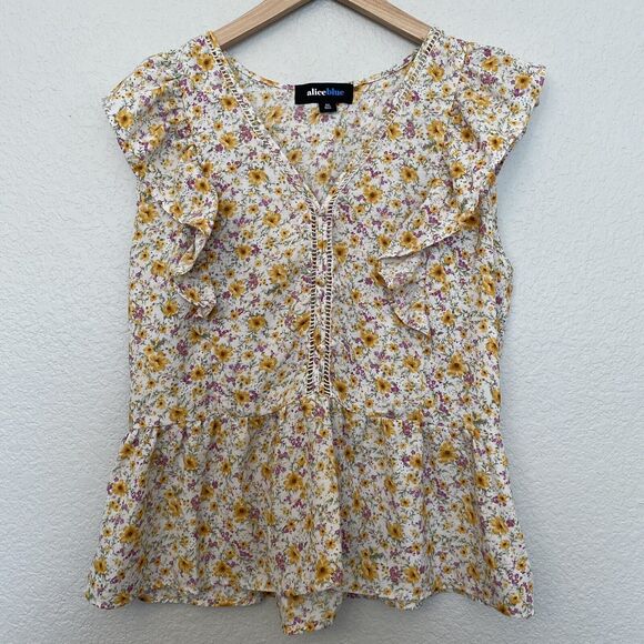 ALICE BLUE Sleeveless Ruffle Blouse Women’s Size XL White Floral - Picture 1 of 8